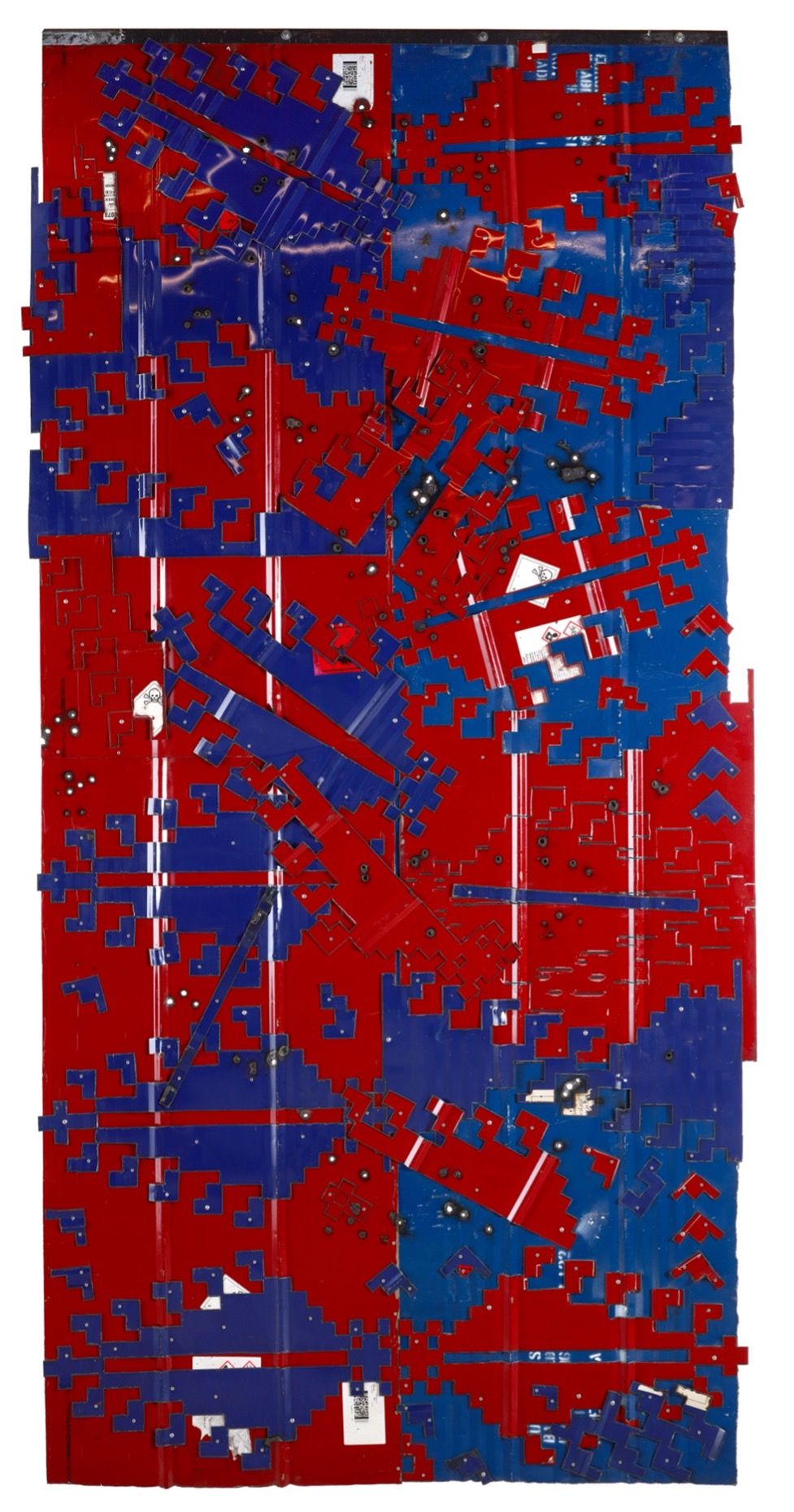 blue and red metal pieces