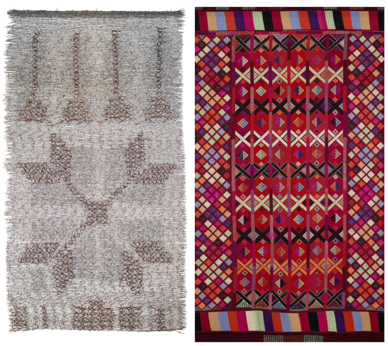Left: star and bar pattern made of woven barbed wire; Right: traditional Palestinian embroidery panel with a red-orange palette.