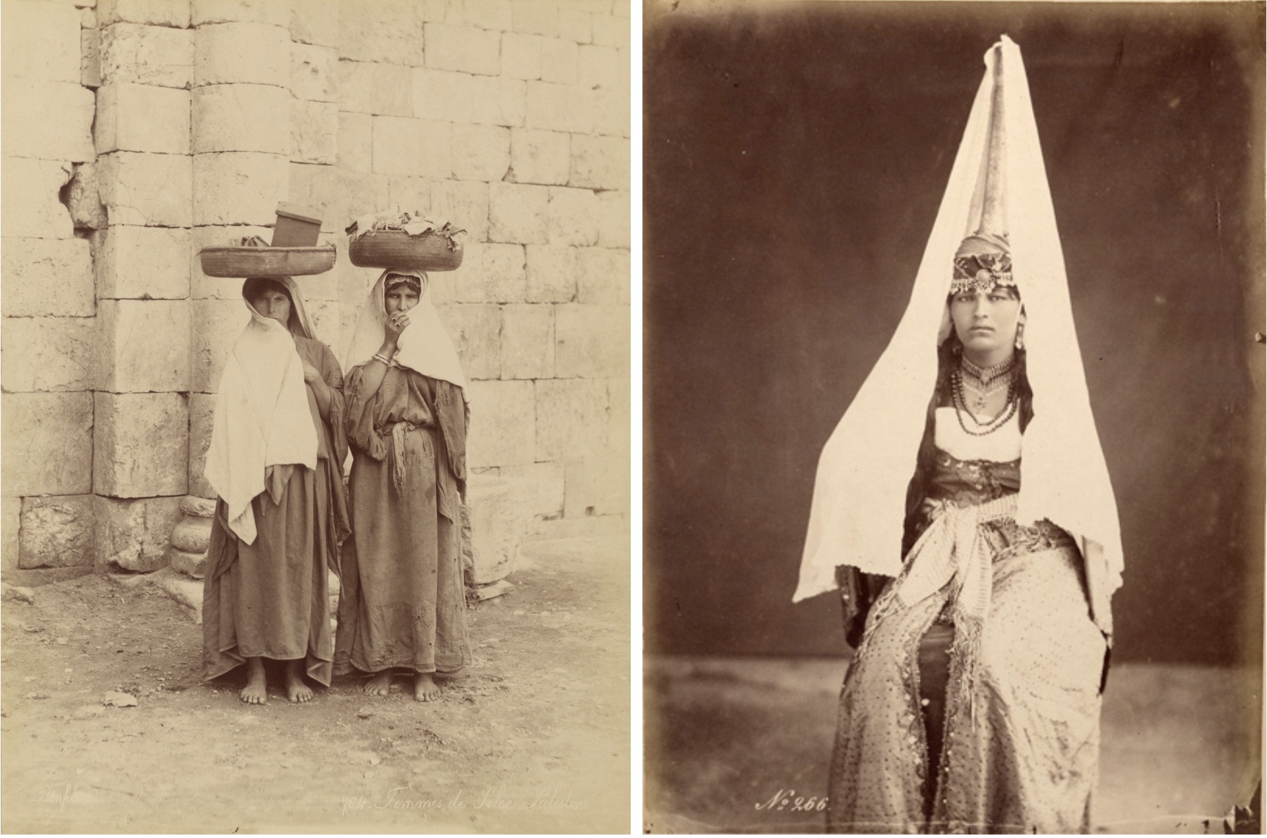 left, old photograph in black and white with two women carrying baskets on their heads. Right, woman in a tantour