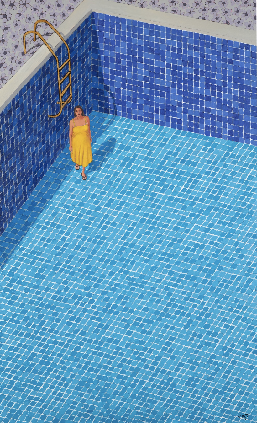 woman in a yellow dress standing at the bottom of an empty swimming pool viewed from above