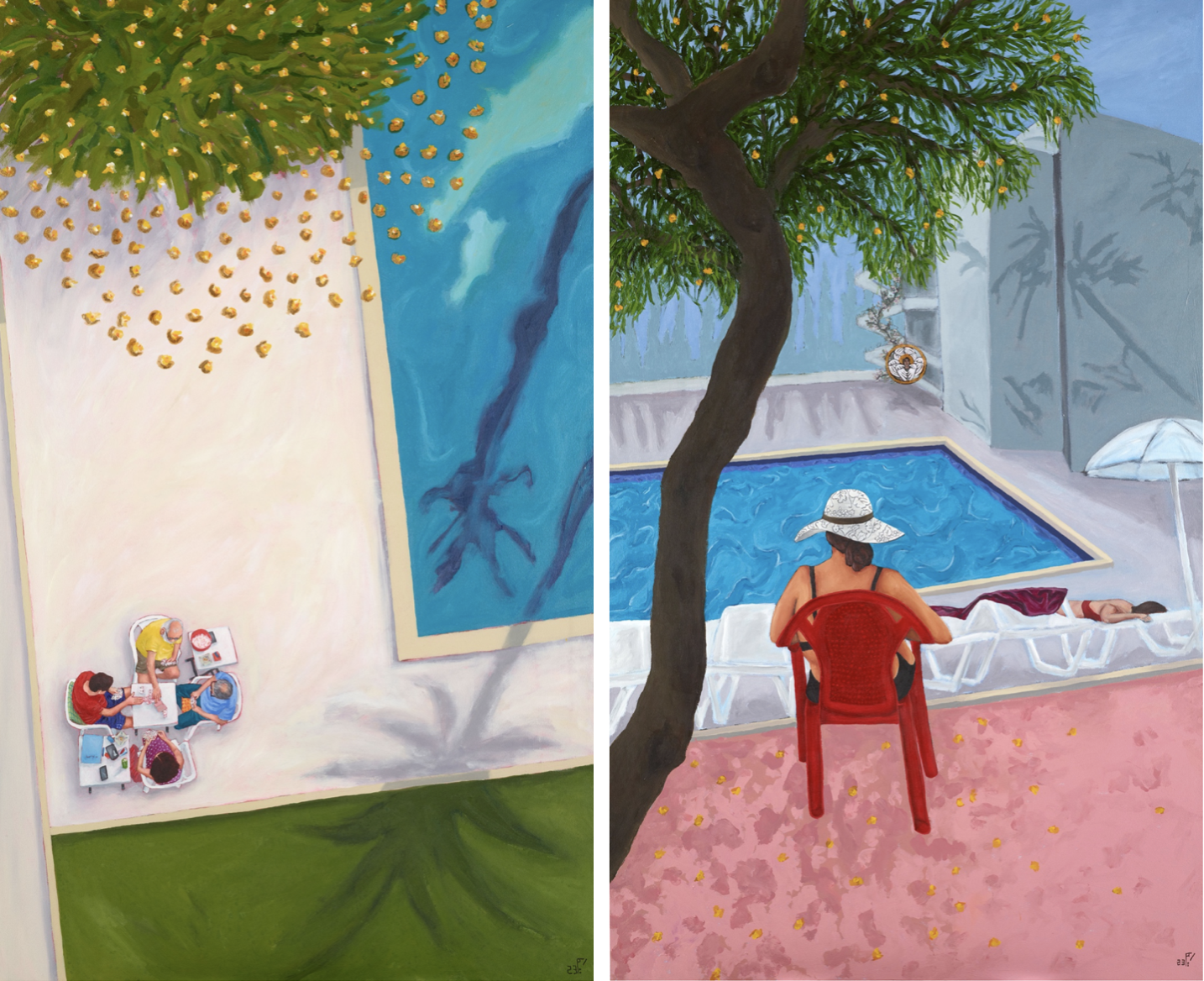 left: 4 people playing cards at the poolside, birds-eye view; right: a woman seated in a red chair beside the pool, viewed from behind