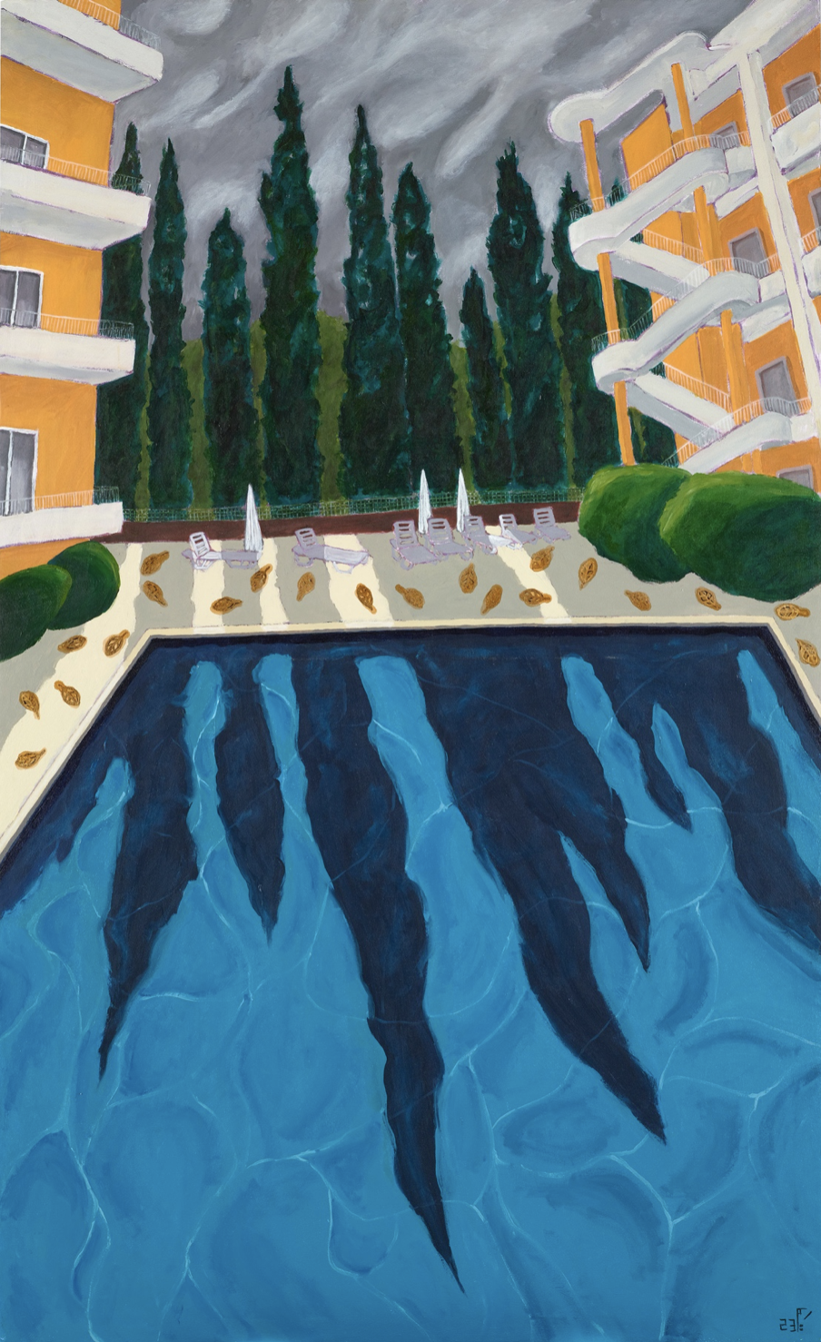 long shadows of cypress trees cast over a swimming pool with grey skies above