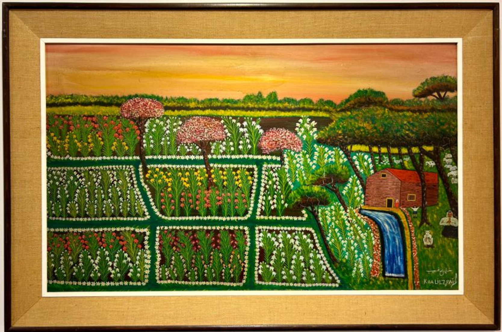 landscape painting of fields, small red house and pond